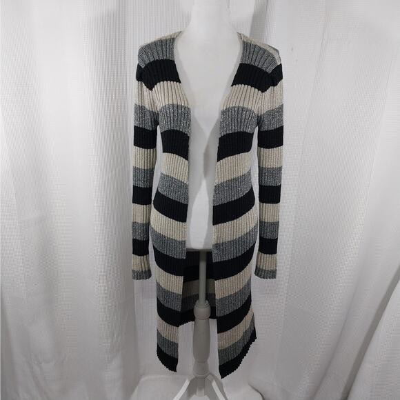 VENUS! BLACK/GRAY/SILVER METALLIC RIBBED KNIT DUSTER LENGTH CARDI SWEATER! SZ S - Picture 2 of 13